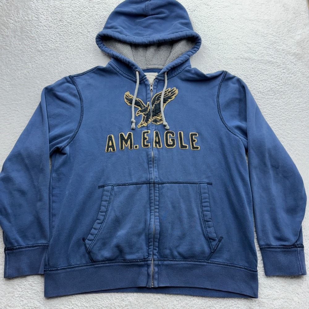 American Eagle Mens XL Blue Vintage Athletic Fleece Full Zip Graphic Hoodie